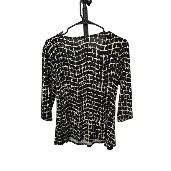 Black Beige Draped Neck Stretchy 3/4 Sleeve Patterned Top Sz MP - Picture 5 of 10